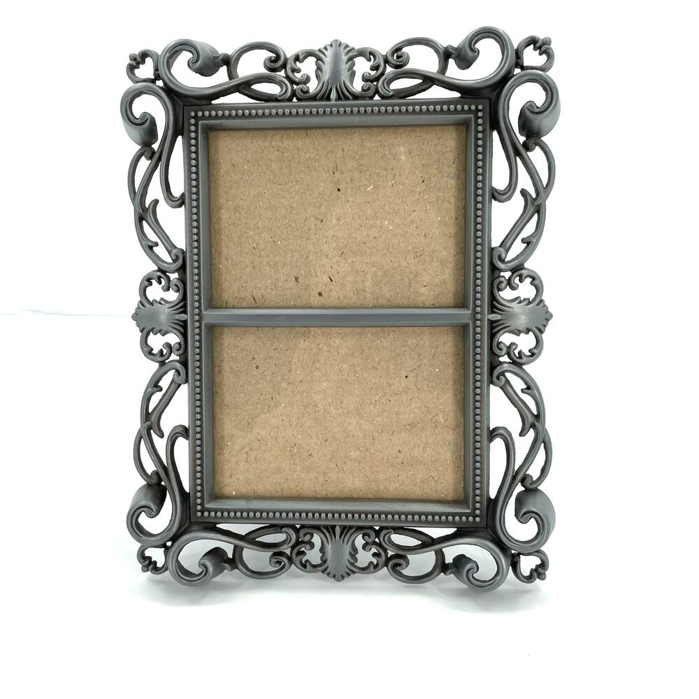 Double Photo Frame, Metal, Pewter Color, Ornate Scroll, 2 1/4” X 3 1/4” Ea. Side